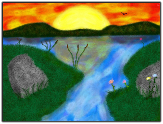 Scribblify Artwork of River with Sunset Rock and Flowers